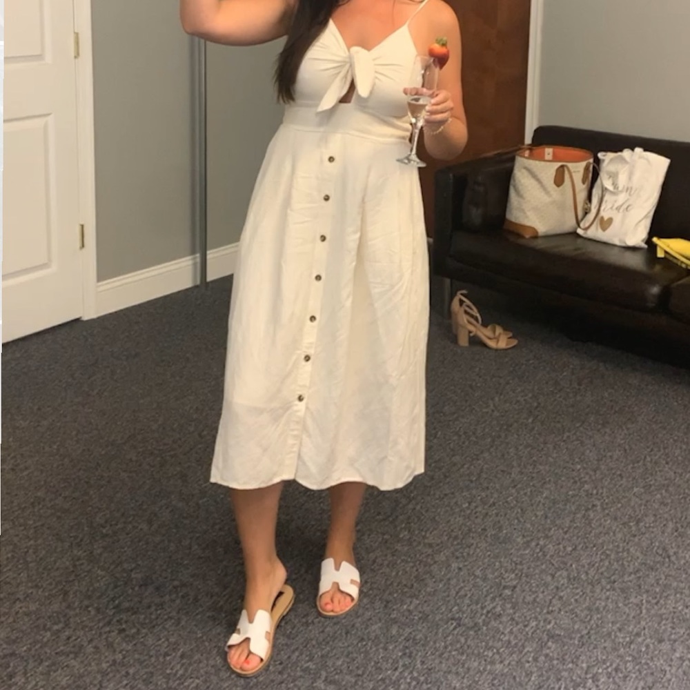 EXPRESS- Linen Blend Button Front Tie Midi Dress